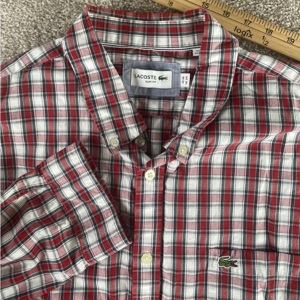 Lacoste Slim Fit Shirt Men FR 46 (XXL - measure XL) Red White Black Plaid Preppy